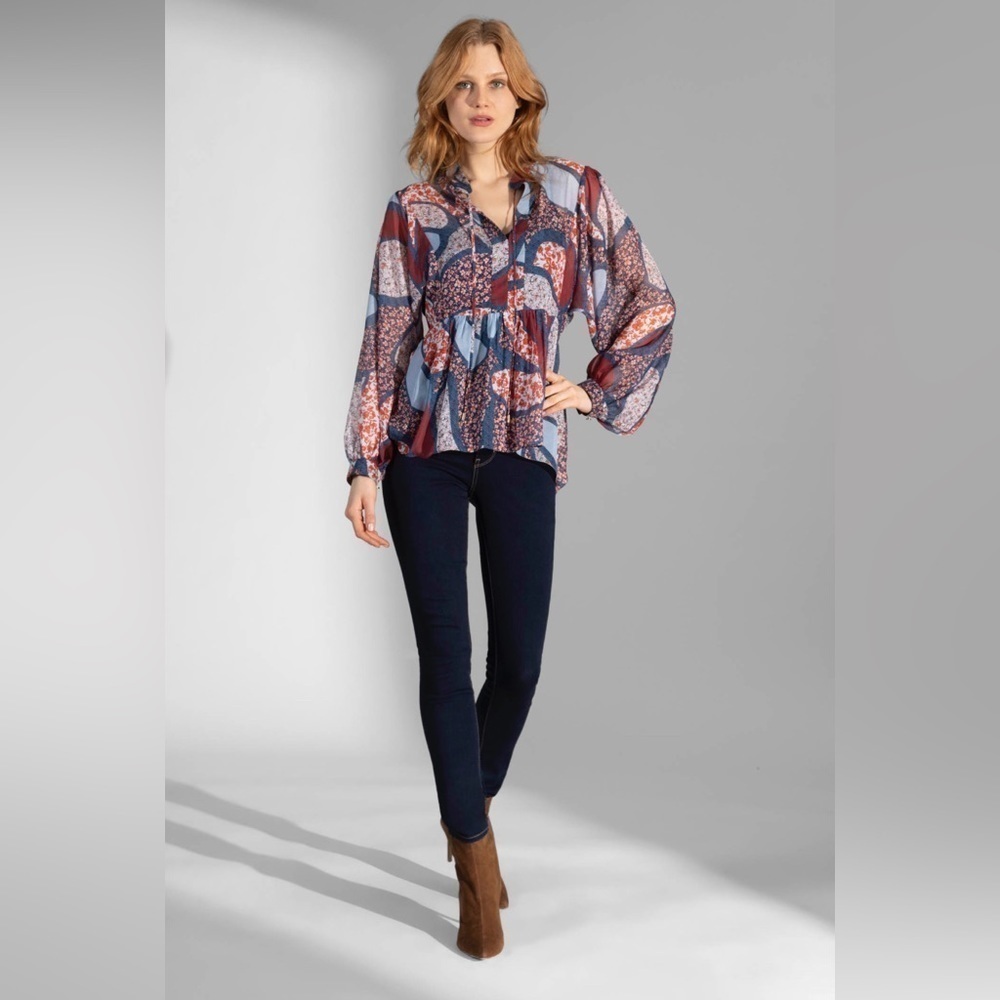 Shoshanna Silk Chiffon Floral Paisley Patchwork Tie Neck Blouse - Picture 2 of 13